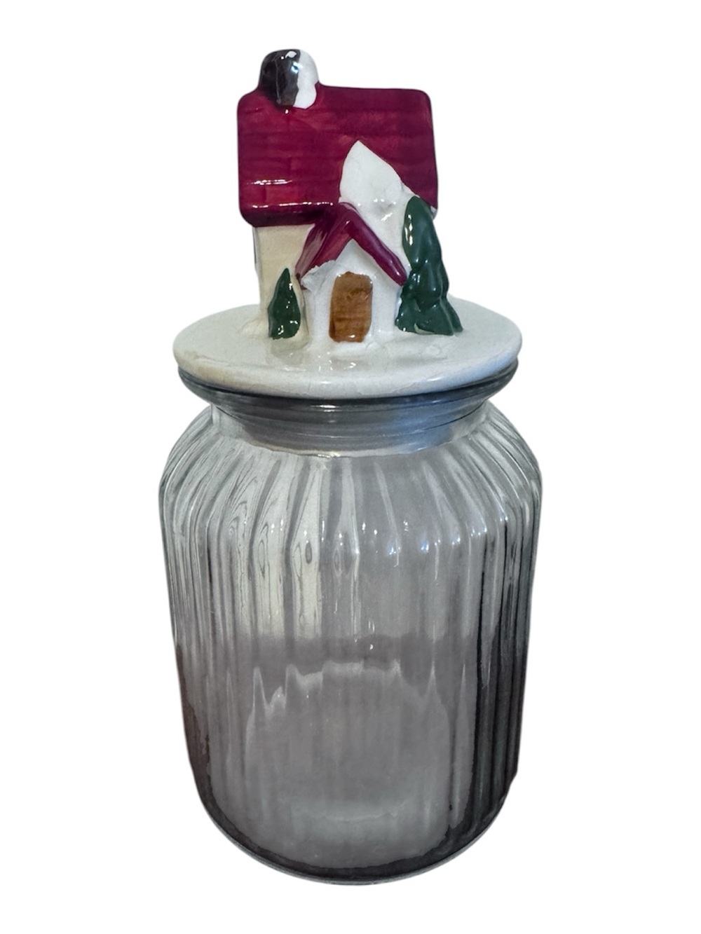 Holiday Ceramic Cottage Glass Jar with House Trees Maroon Roof Lid